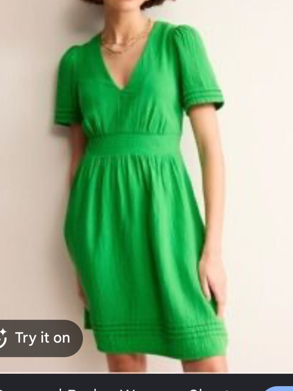Boden Green V-Neck Mini Dress with Puff Sleeves